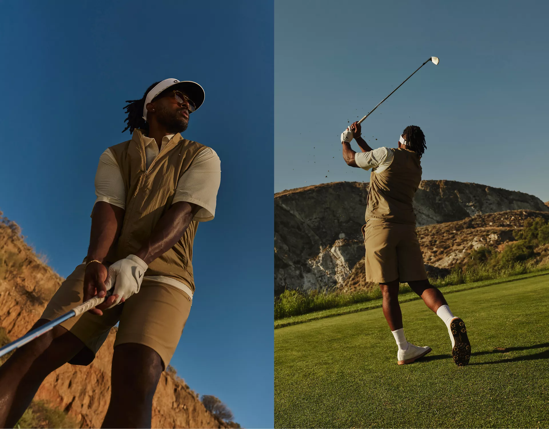 Split image. On the left, Ambassador Roger Steele gets ready to take a fairway shot on a sunny golf course, wearing new lululemon gear. On the right, Roger follows through on the shot.