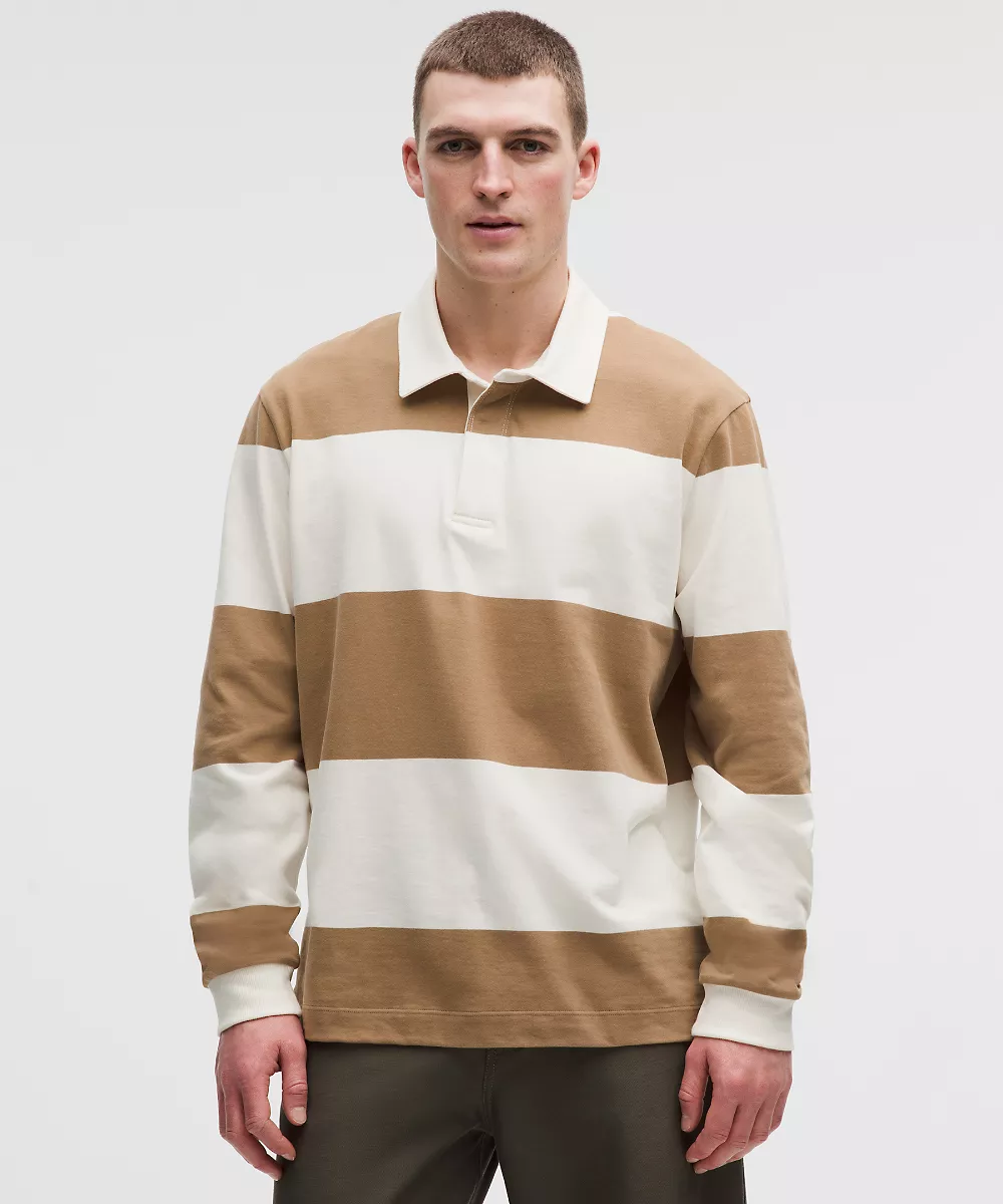 Chemise de rugby en coton manches longues — Wide Stripe Camel Brown Coconut Ivory, view 1