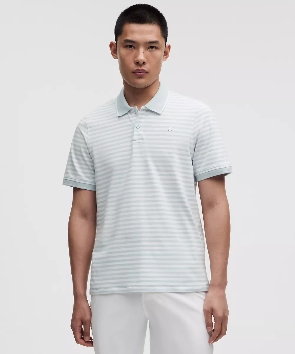 Polo de golf rayé manches courtes — Narrow Bold Stripe Starch Blue White, view 1