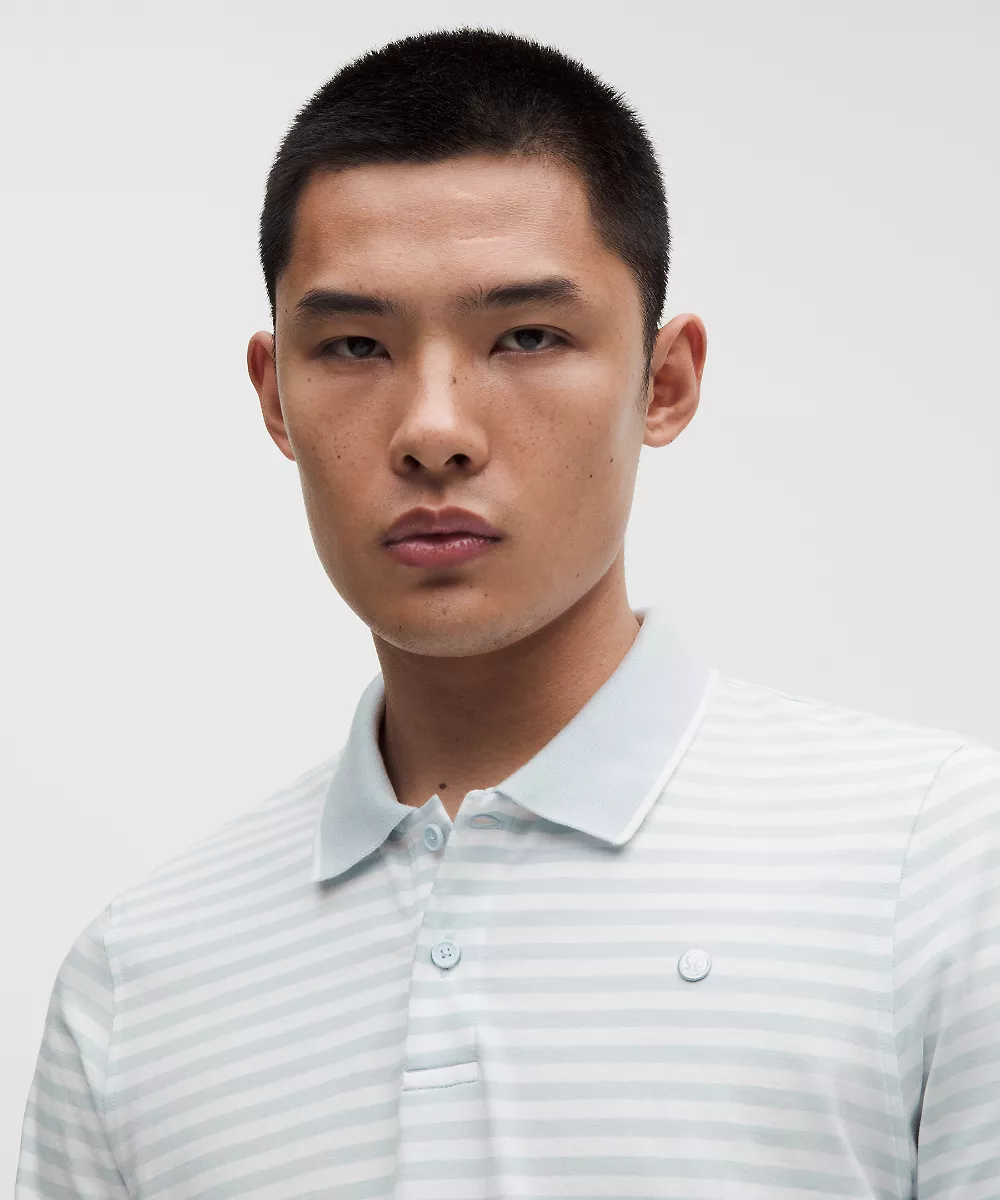 Polo de golf rayé manches courtes — Narrow Bold Stripe Starch Blue White, view 4