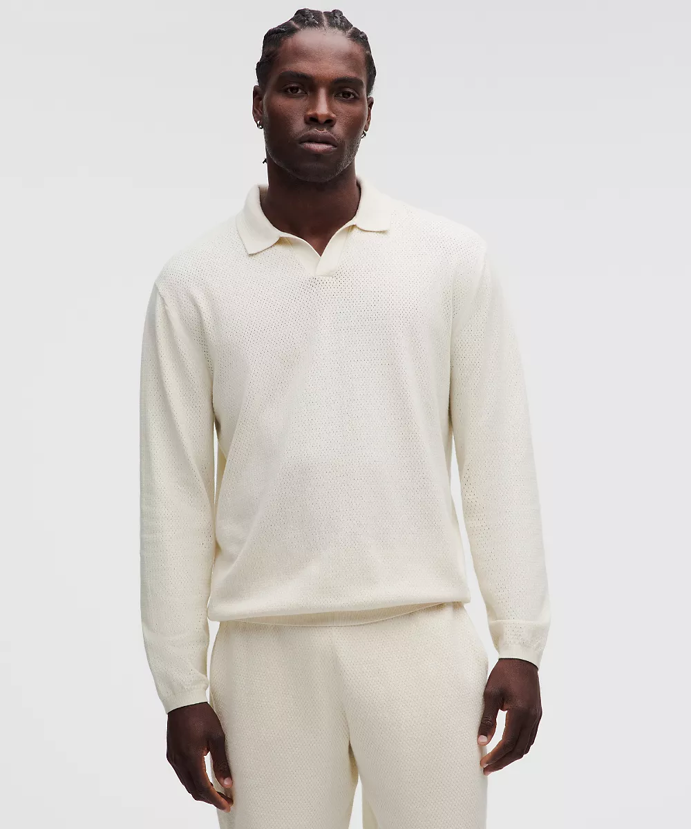 Polo manches longues en maille de mélange de coton — Light Ivory, view 1