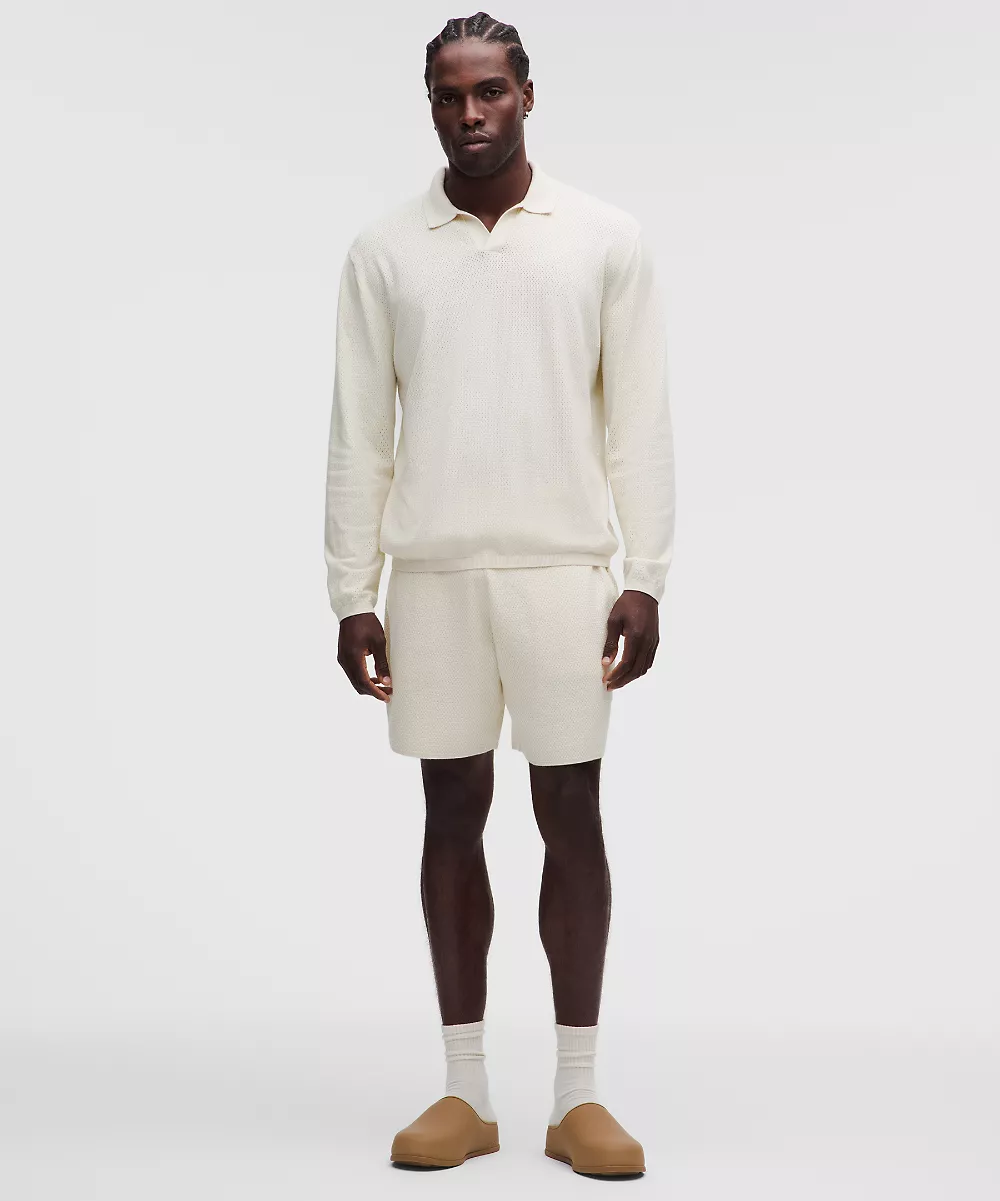Polo manches longues en maille de mélange de coton — Light Ivory, view 2
