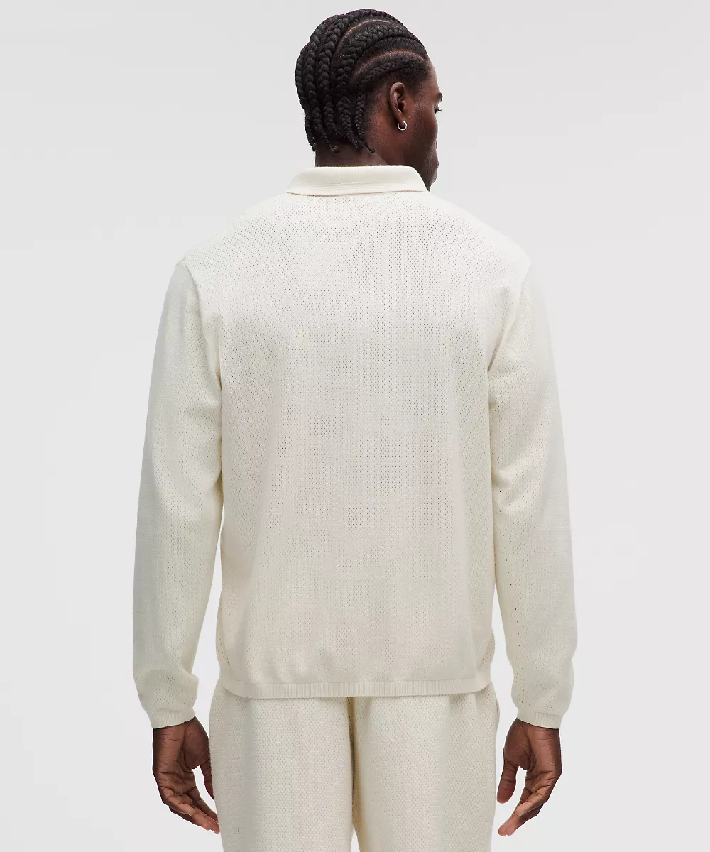 Polo manches longues en maille de mélange de coton — Light Ivory, view 3
