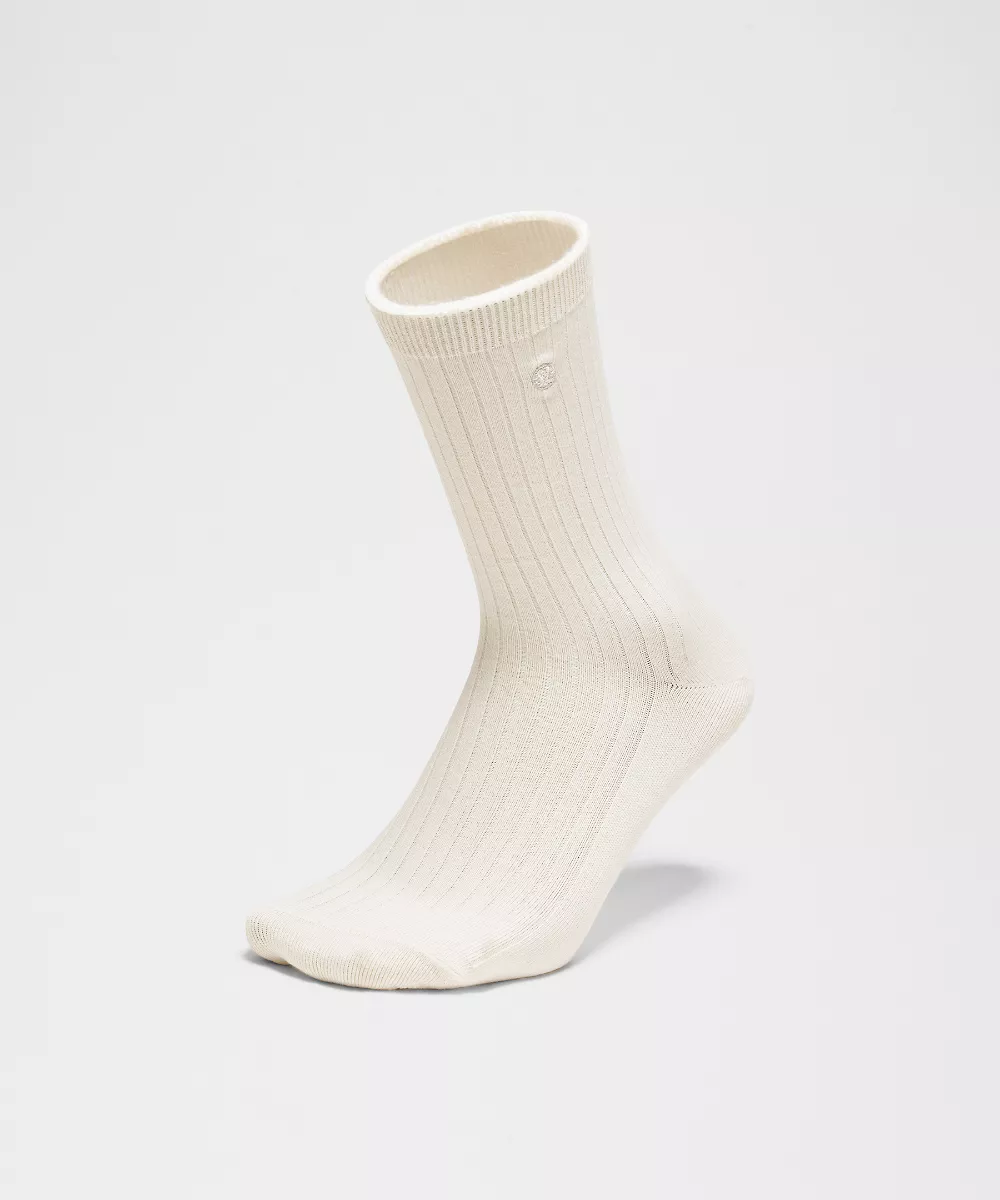 Chaussettes mi-hautes côtelées en coton mélangé unisexe — Light Ivory, view 3