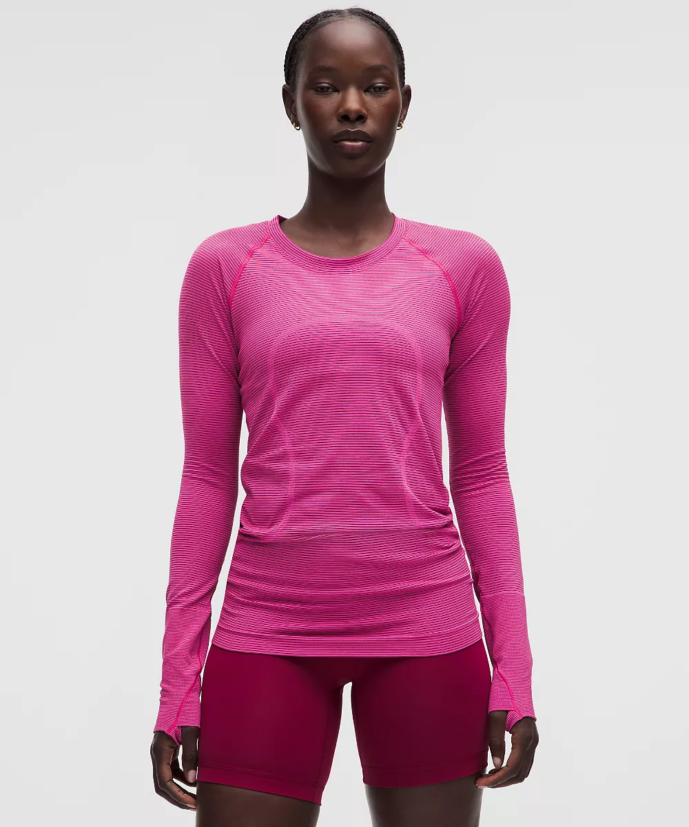 Chemise Swiftly Tech manches longues 2.0 *Longueur hanches — Spandex Stripe Flamingo Fun/Raspberry Rave, view 1