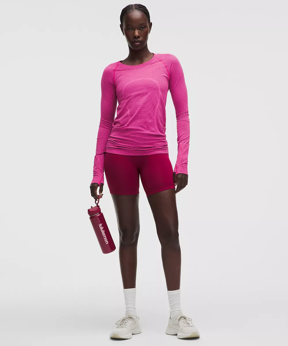 Chemise Swiftly Tech manches longues 2.0 *Longueur hanches — Spandex Stripe Flamingo Fun/Raspberry Rave, view 2