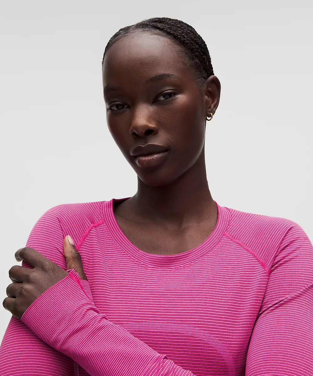 Chemise Swiftly Tech manches longues 2.0 *Longueur hanches — Spandex Stripe Flamingo Fun/Raspberry Rave, view 4
