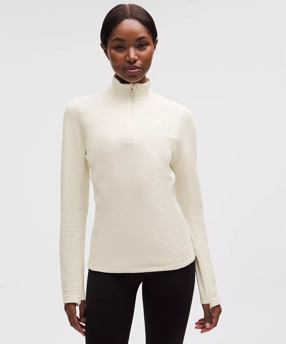 Chemise manches longues demi-zip maille gaufrée — Light Ivory, view 1