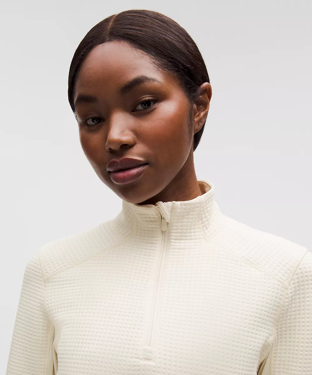 Chemise manches longues demi-zip maille gaufrée — Light Ivory, view 4