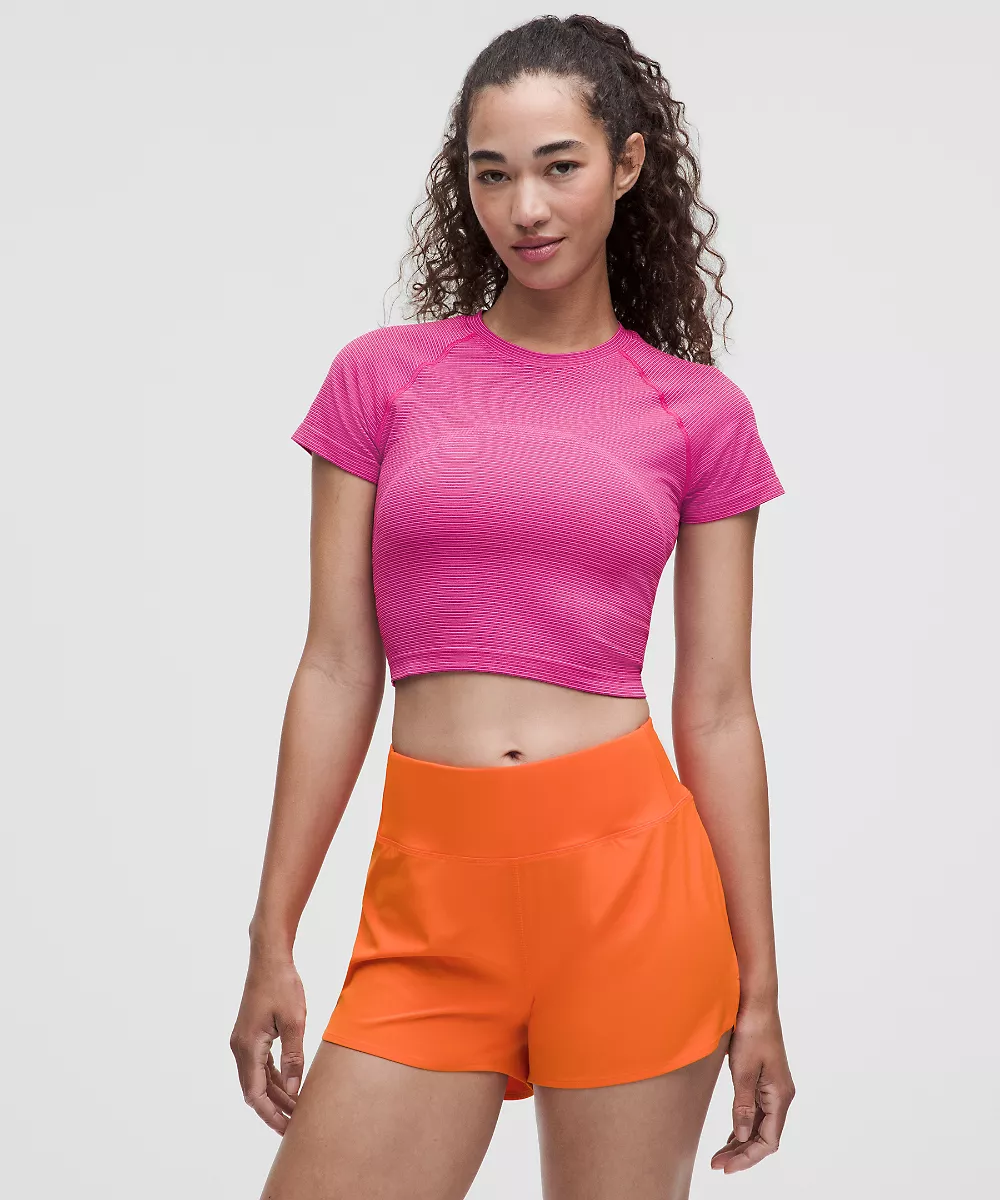 Chemise Swiftly Tech courte manches courtes 2.0 — Spandex Stripe Flamingo Fun/Raspberry Rave, view 1