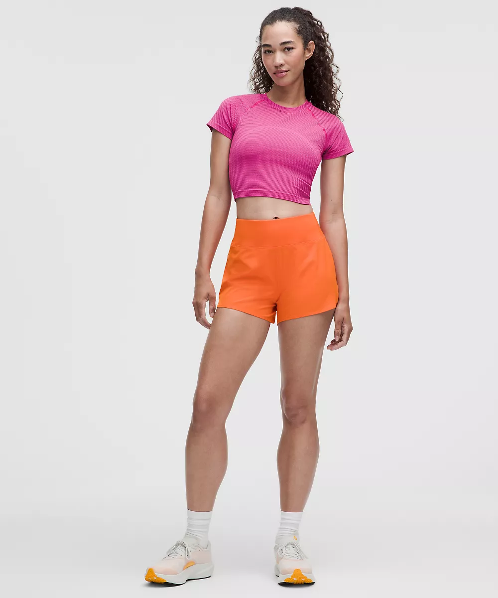 Chemise Swiftly Tech courte manches courtes 2.0 — Spandex Stripe Flamingo Fun/Raspberry Rave, view 2