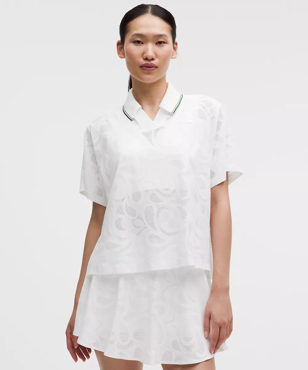 Polo de tennis col haut en mesh paisley — White/Ivy Grove, view 1