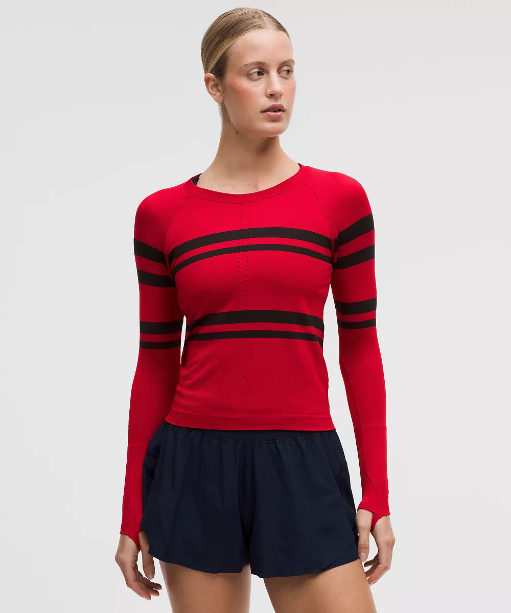 Chemise Swiftly Tech manches longues 2.0 longueur taille *Rayures — League Stripe Oxford Red/Black, view 1