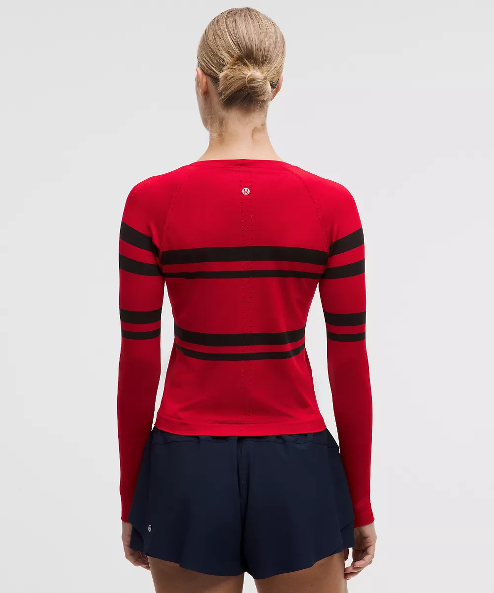 Chemise Swiftly Tech manches longues 2.0 longueur taille *Rayures — League Stripe Oxford Red/Black, view 3
