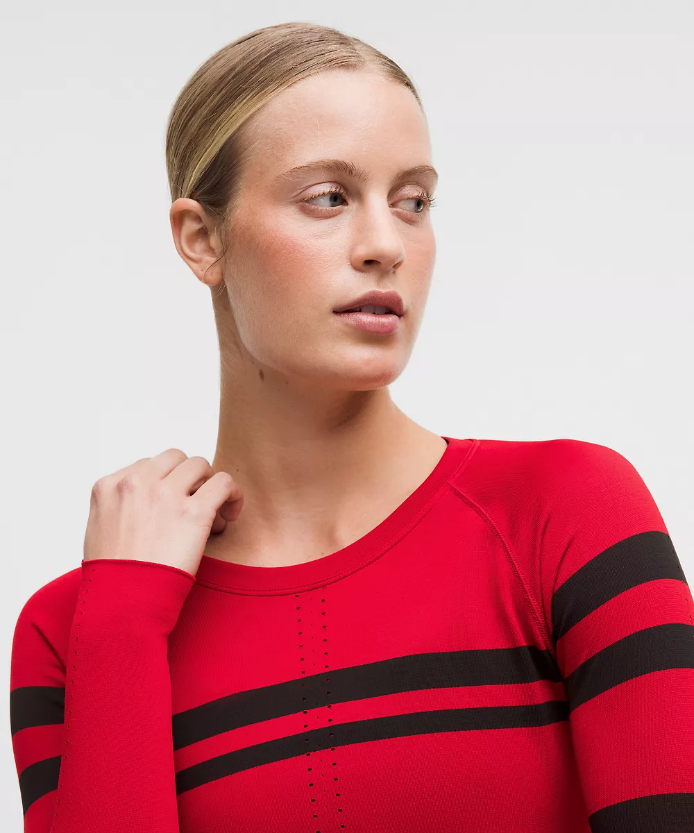 Chemise Swiftly Tech manches longues 2.0 longueur taille *Rayures — League Stripe Oxford Red/Black, view 4