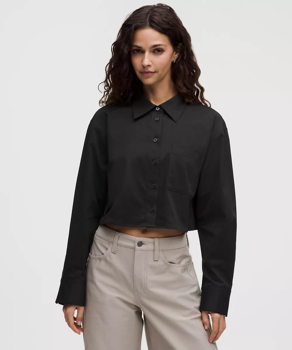 Chemise courte boutonnée manches longues tissée — Black, view 1