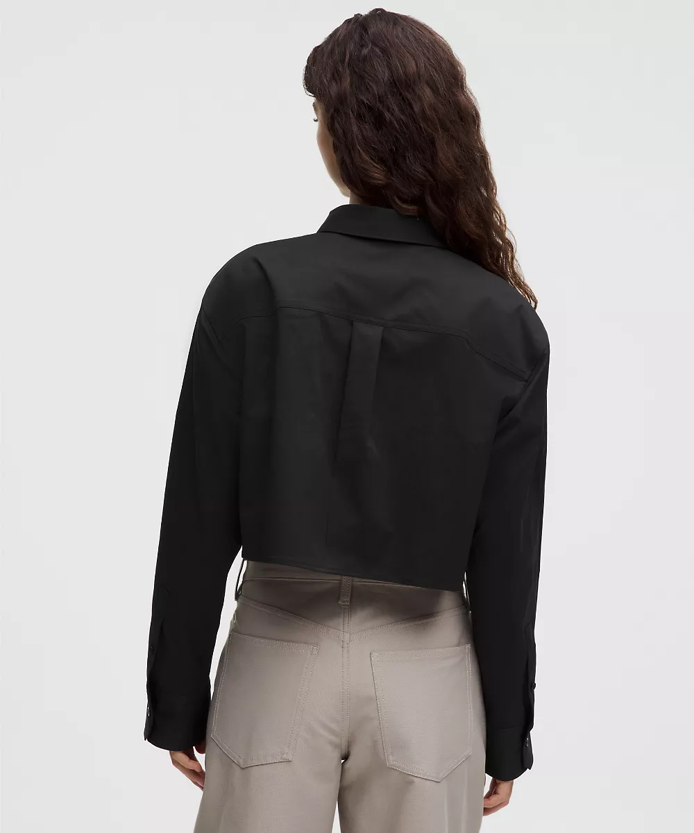Chemise courte boutonnée manches longues tissée — Black, view 3