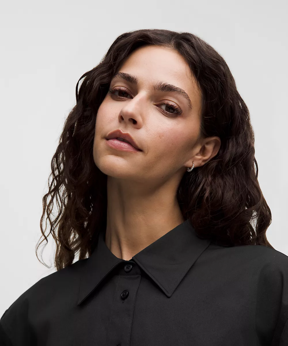 Chemise courte boutonnée manches longues tissée — Black, view 4