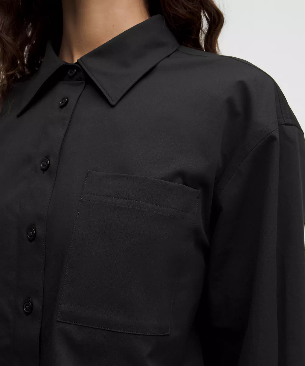 Chemise courte boutonnée manches longues tissée — Black, view 5