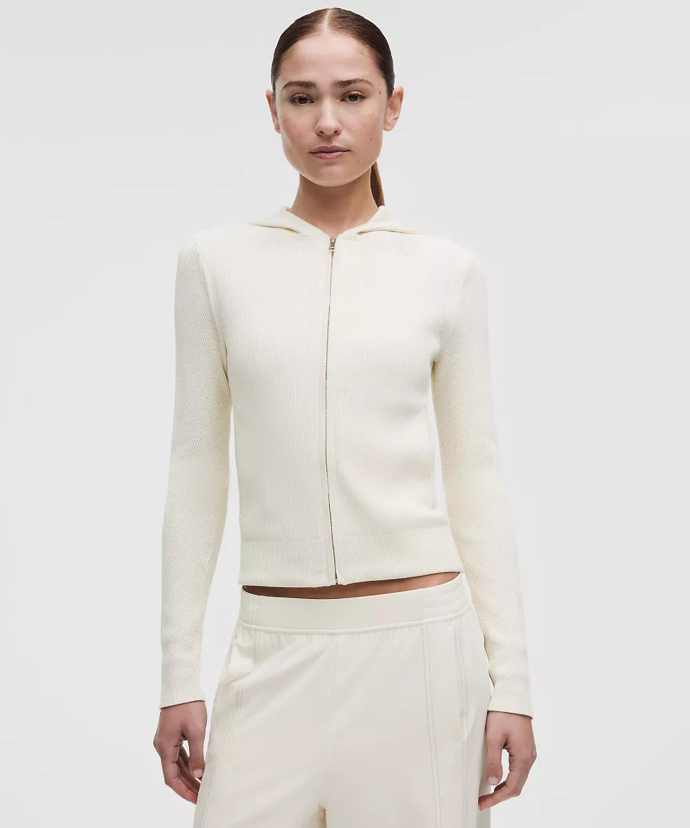 Sweat à capuche en maille structurée zippé — Light Ivory, view 1