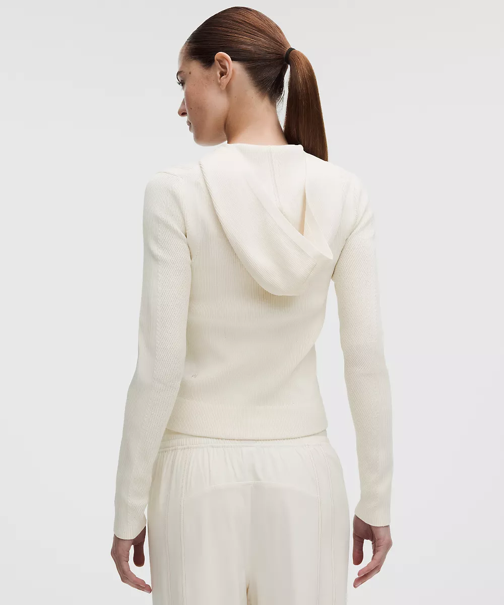 Sweat à capuche en maille structurée zippé — Light Ivory, view 3