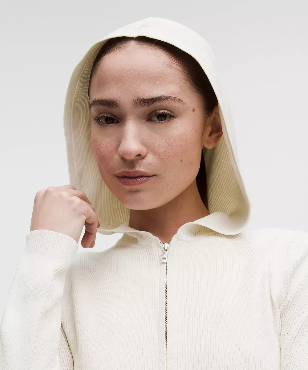 Sweat à capuche en maille structurée zippé — Light Ivory, view 4