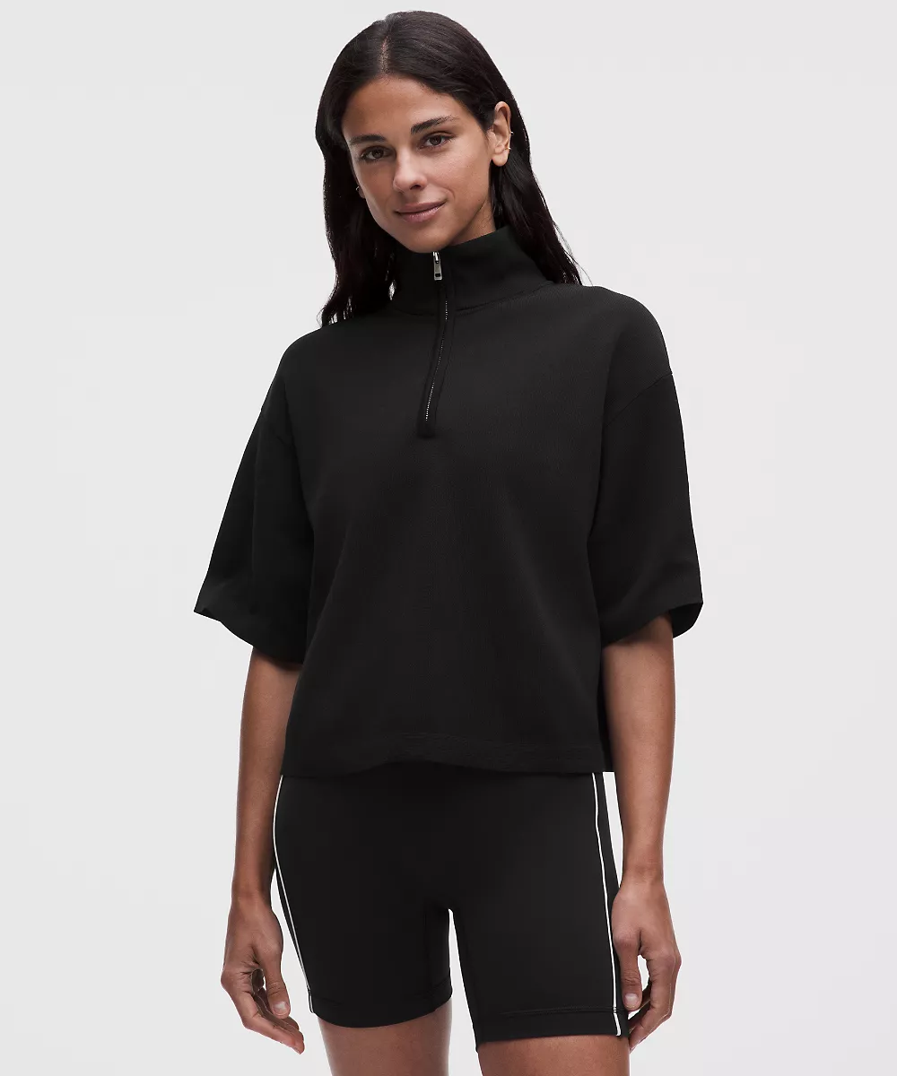 Chemise en maille structurée demi-zip manches courtes — Black, view 1