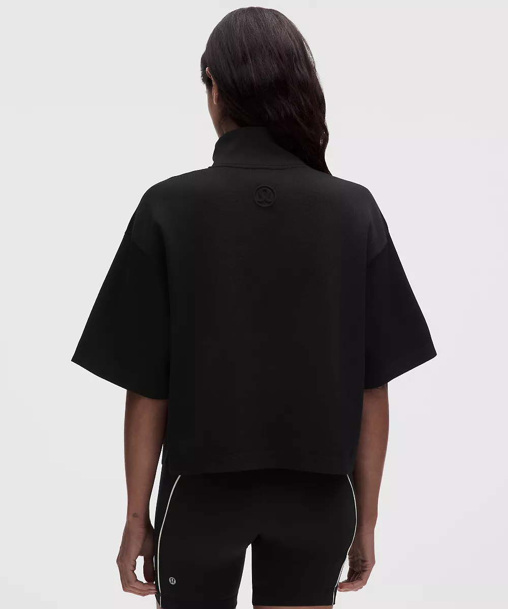 Chemise en maille structurée demi-zip manches courtes — Black, view 3