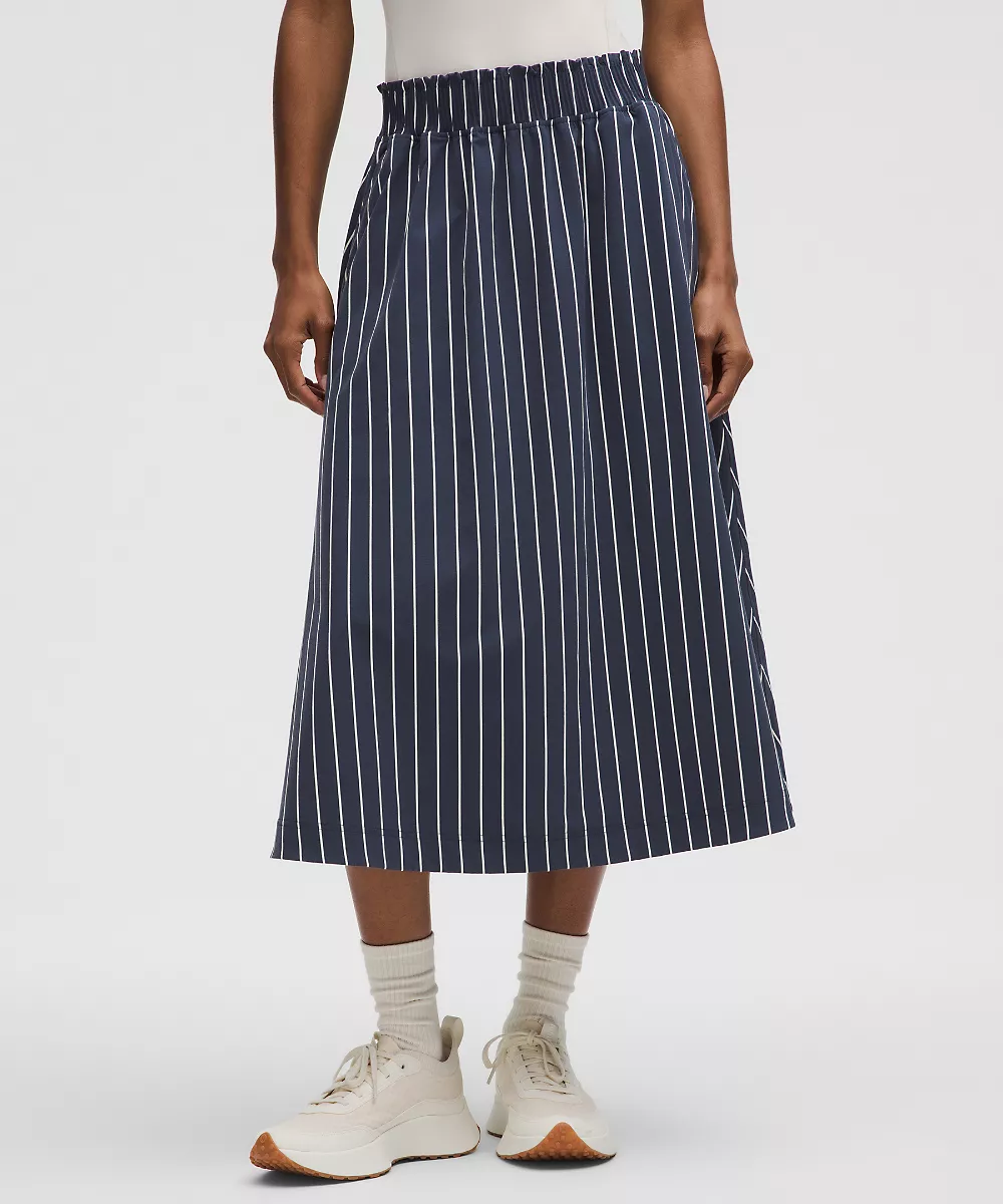 Jupe midi tissée extensible à taille froncée — Upright Stripe Max Light Ivory Club Blue, view 1