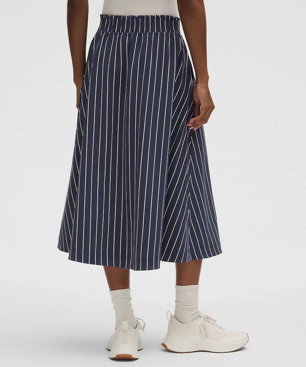 Jupe midi tissée extensible à taille froncée — Upright Stripe Max Light Ivory Club Blue, view 3